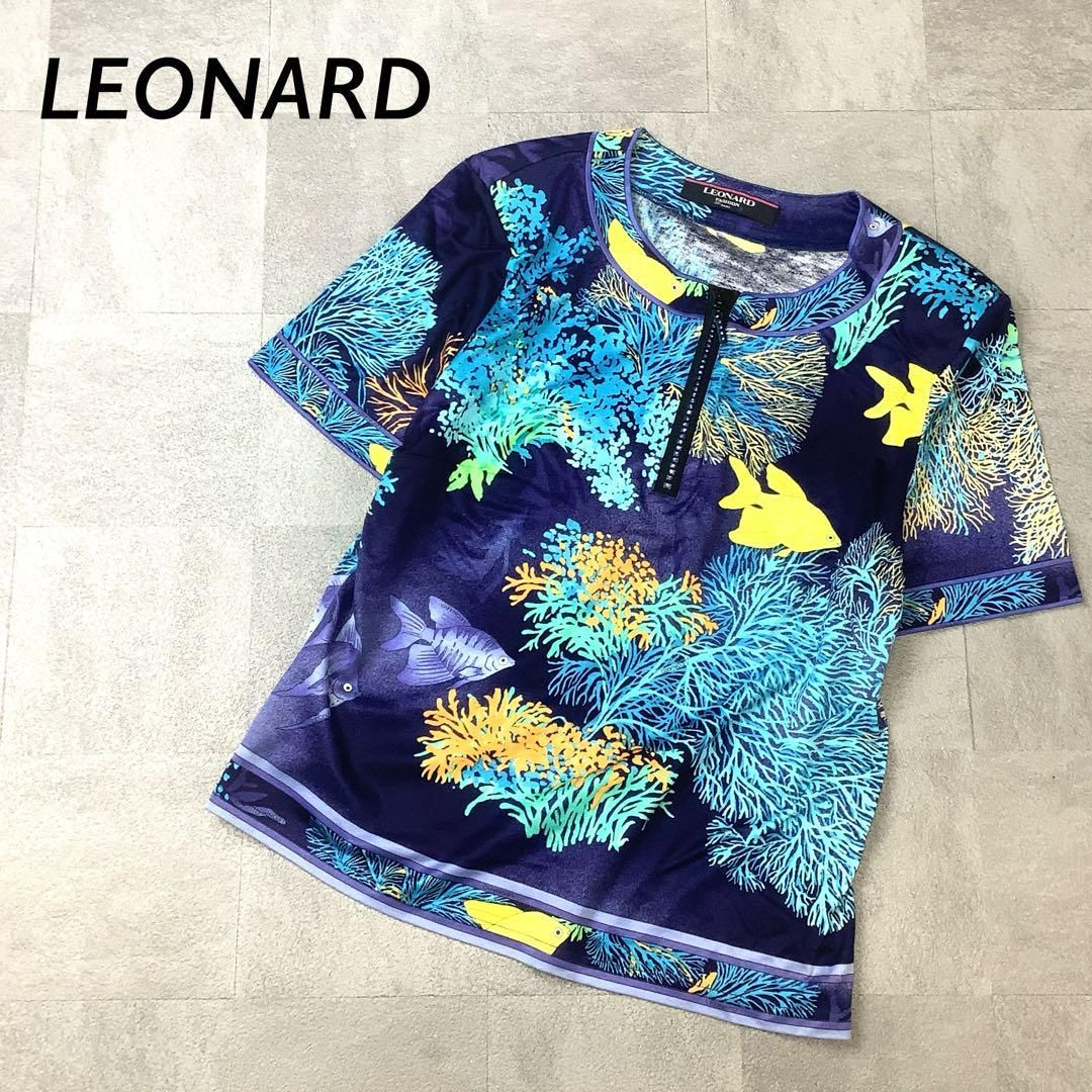 LEONARD ハーフジップ 魚柄 カットソー 半袖 ネイビー