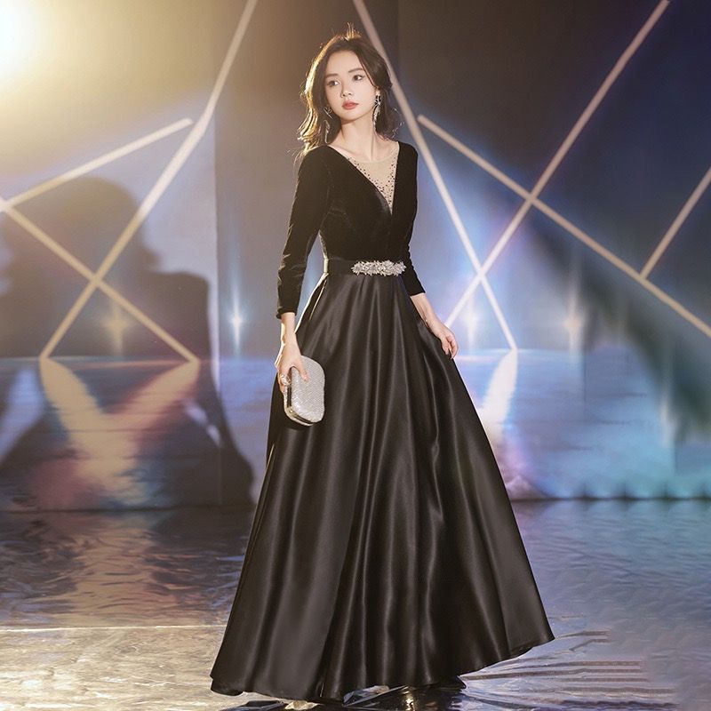 ドレス 大人 ピアノ 発表会 ロング演奏会 結婚式 黒 ワンピース 長袖 パーティードレス イブニングドレス フォーマル