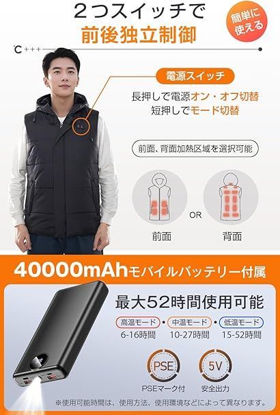 電熱ベスト 加熱ベスト 11箇所発熱 バッテリー付 3段階温度調整 SIZEXL