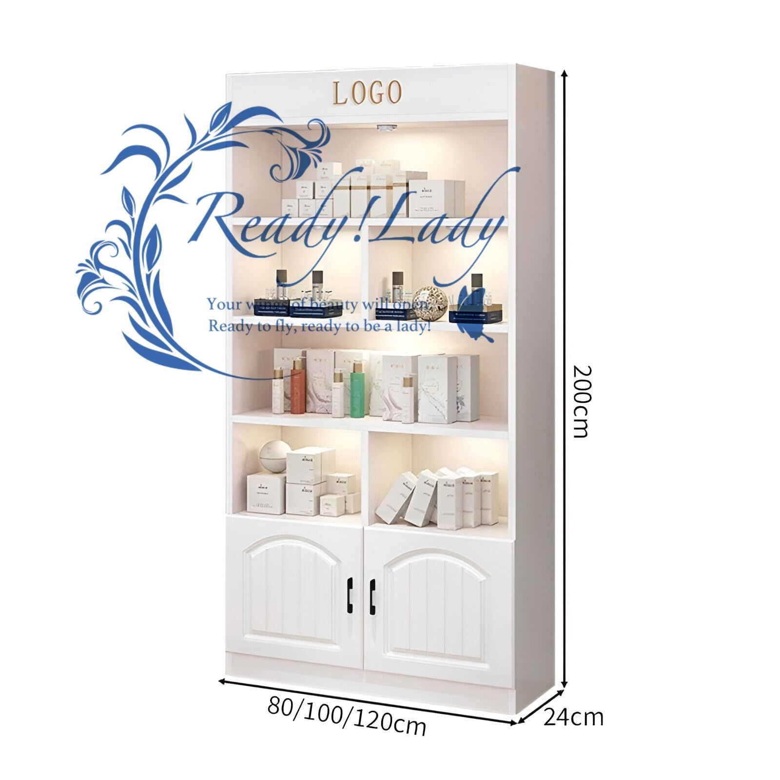 収納キャビネット ライト付き 大容量 多段式 厚い棚板 仕切り 取っ手 蝶番付き 実用的 シンプル ホワイト タイプD 80 24 200cm