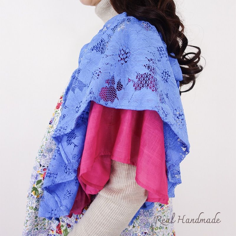 ロイヤルブルーレースと花咲くパッチ アシメフリルプルオーバー NICORILABO_COM