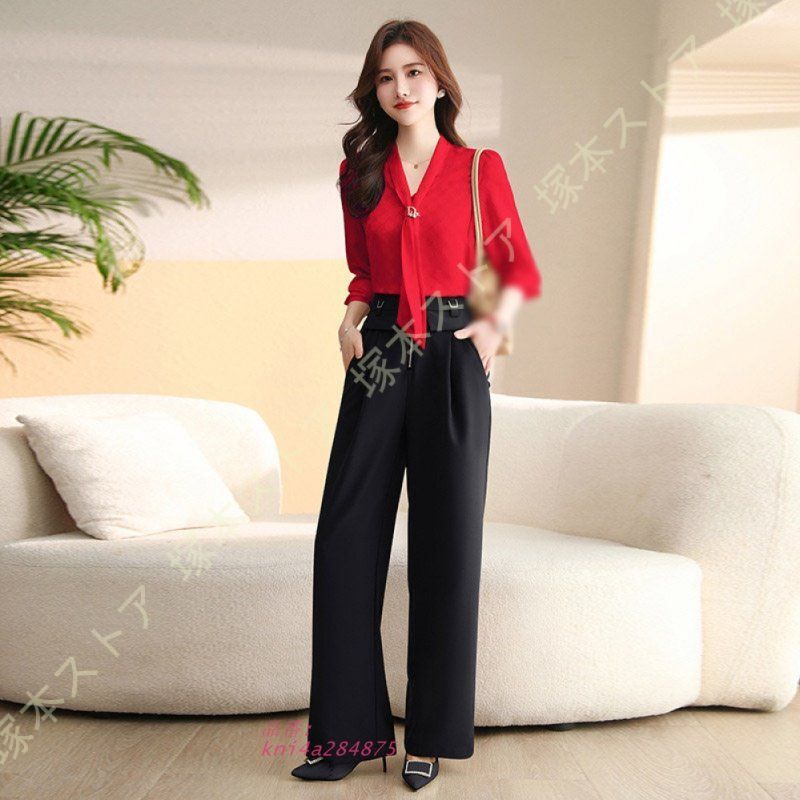 セットアップ パンツスーツ レディース パンツドレス 2点セット シフォン きれいめ ゆったり 入学式 ブラウス 体型カバー ワイドパンツ 大きいサイズ kni4a284875 MAAHADDERANG_COM