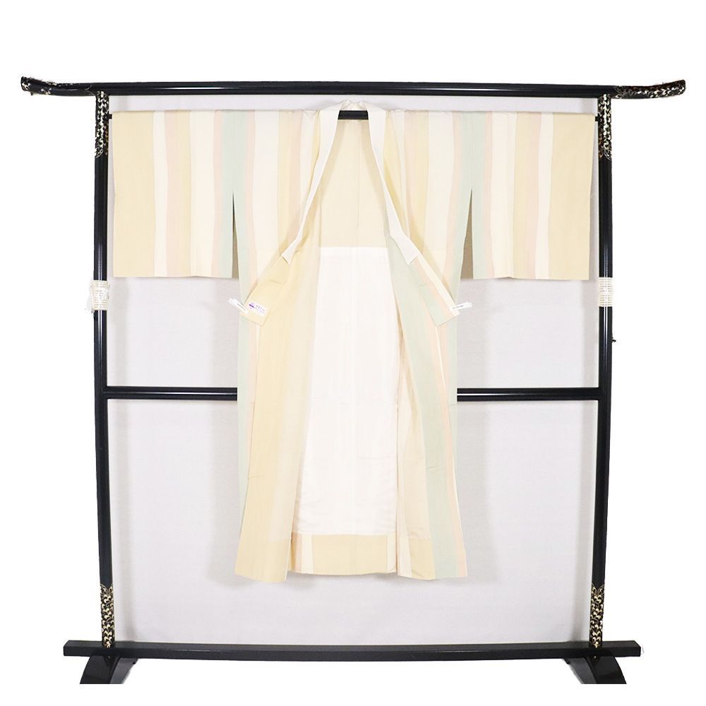 訪問着用 上代紬 長襦袢 単衣 袖無双 正絹 ベージュ ピンク クリーム 緑 よろけ縞 Sサイズ A5258 ♥品 レディース 送料込み