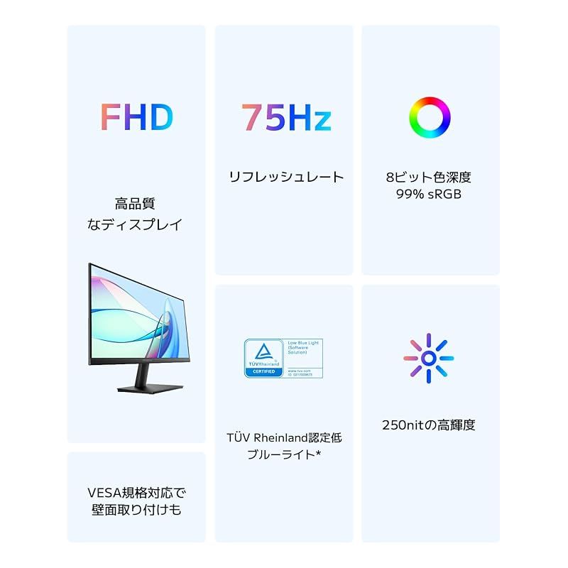 Xiaomi モニターA22i ディスプレイ 21.5インチ フルHD 1920x1080 75Hz 8ビット色深度 sRGB99% ブルーライト VESAマウント対応