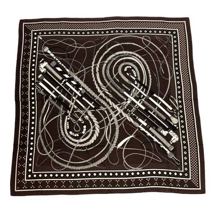 【美品】エルメス HERMES カレ140 Fouets et Badines Bandana 鞭とグリップ バンダナ カシミヤ シルク ストール ブラウン