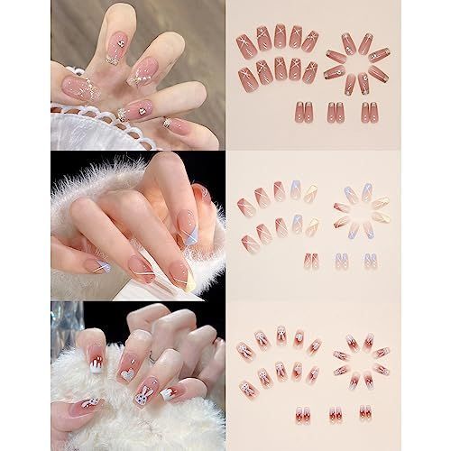 NIUANIUA ネイルチップ 人気 花嫁ネイル 光沢 つけ爪 かわいい ファッション ネイル 3D 手作りネイルチップ 付け爪 24サイズ 72枚入 ラウンドチップ ファッション ネイル パールグリッターネイルアート