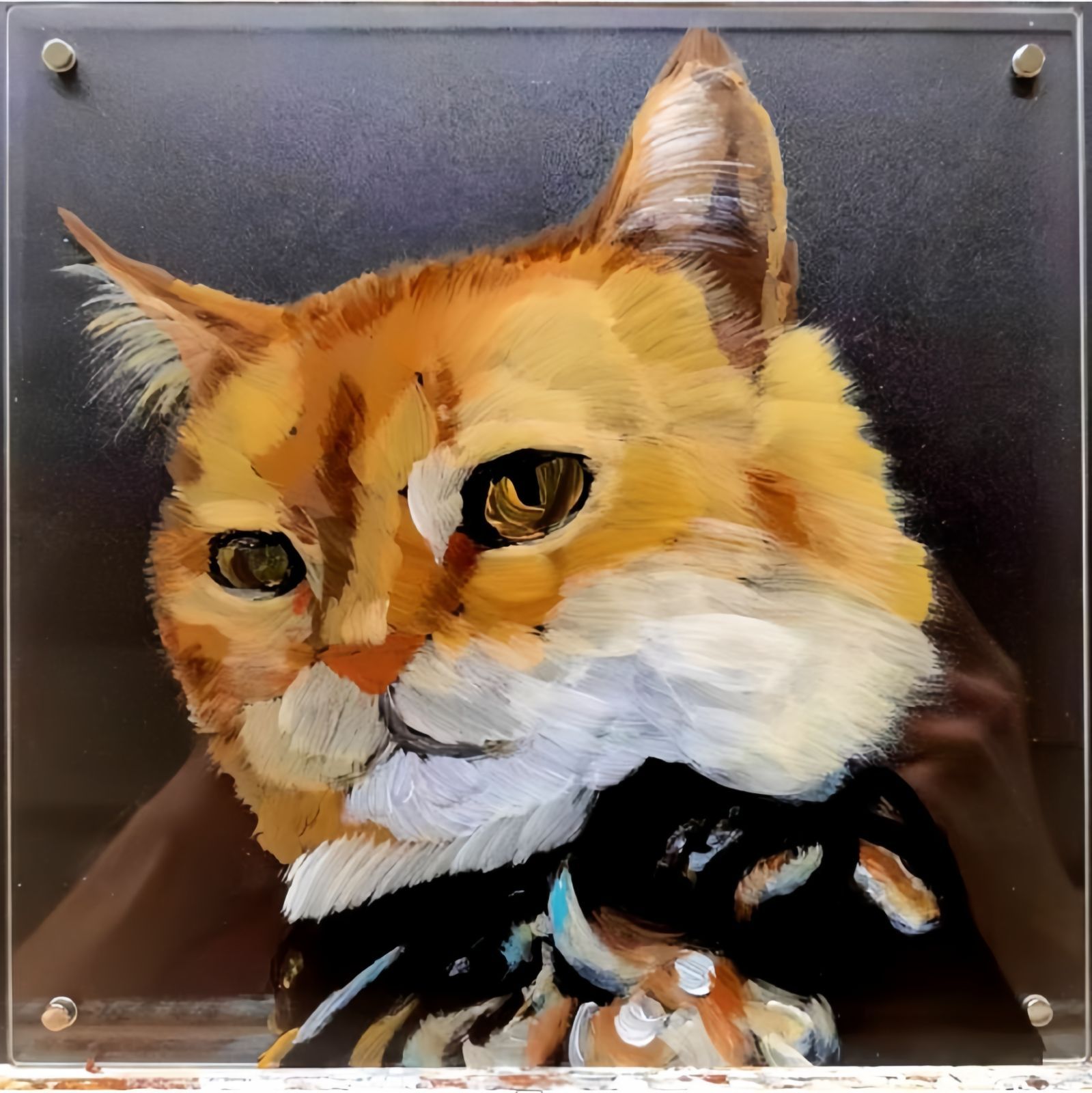 アートパネル 手描き 油絵 肖像画 油彩 似顔絵 壁掛け 額縁付き 超細密　オーダーメイド （家族 ご両親 子供 恋人 愛犬 愛猫 両親 記念 結婚記念日 ギフト） 油絵 猫 猫の絵 オリジナルアート 油絵 ペットの肖像画 20*20cm