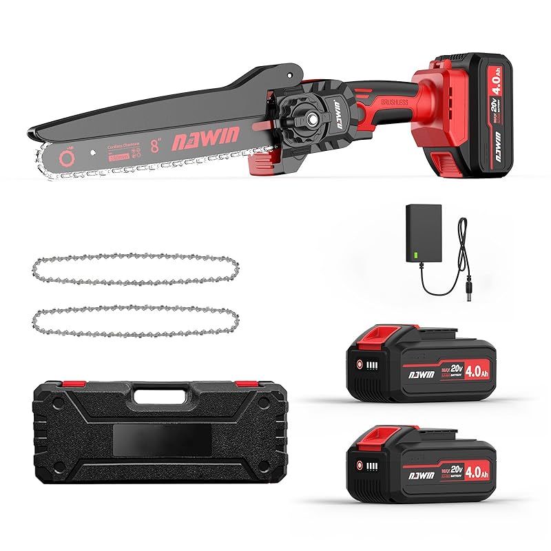 ナウィン 充電式チェーンソー 8インチ 軽量設計 ブラシレスモーター搭載 4.0Ah大容量バッテリー2個付き コードレス 工具不要調整 伐採 枝払い 剪定 薪作り対応 収納ケース付属 8インチ＆軽量 0