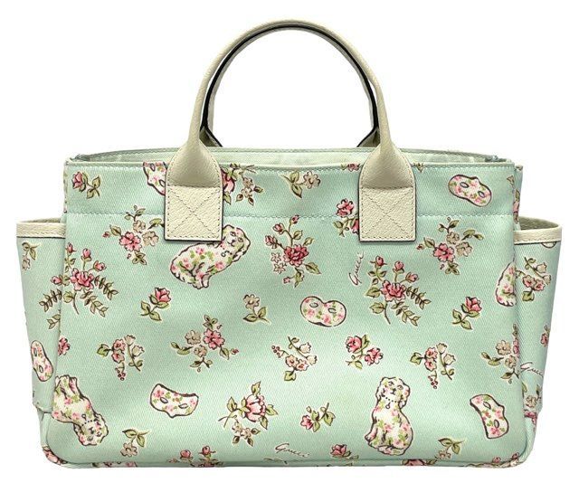 グッチ ハンドバッグ トートバッグ プリント ライトブルー 水色 レディース GG イヌ 花柄 フローラル ロゴ レザー GUCCI バッグ 628159 グッチ ハンドバッグ トートバッグ プリント ライトブルー 水色