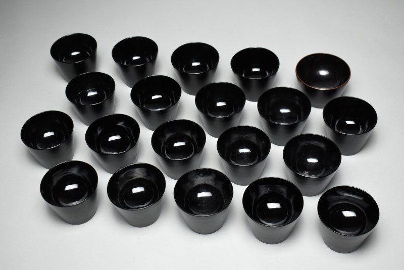 蔵A4056 時代 木製 黒塗 蕎麦猪口 千代久 二十客