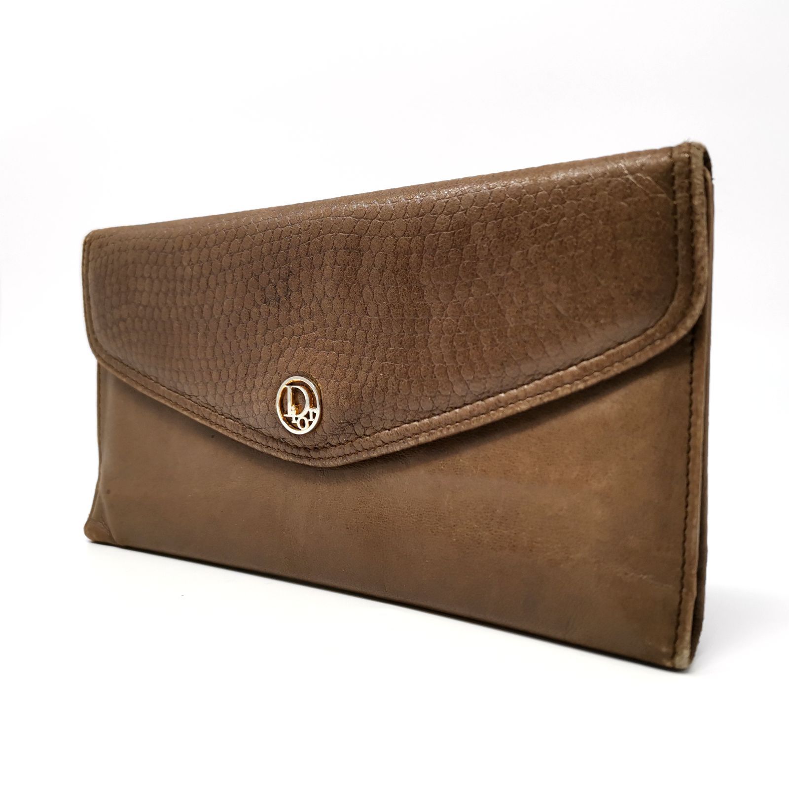 美品クリスチャンディオールブラウン レザー 長財布 Dロゴ付き クリスチャンディオールブラウン レザー 長財布 Dロゴ付き