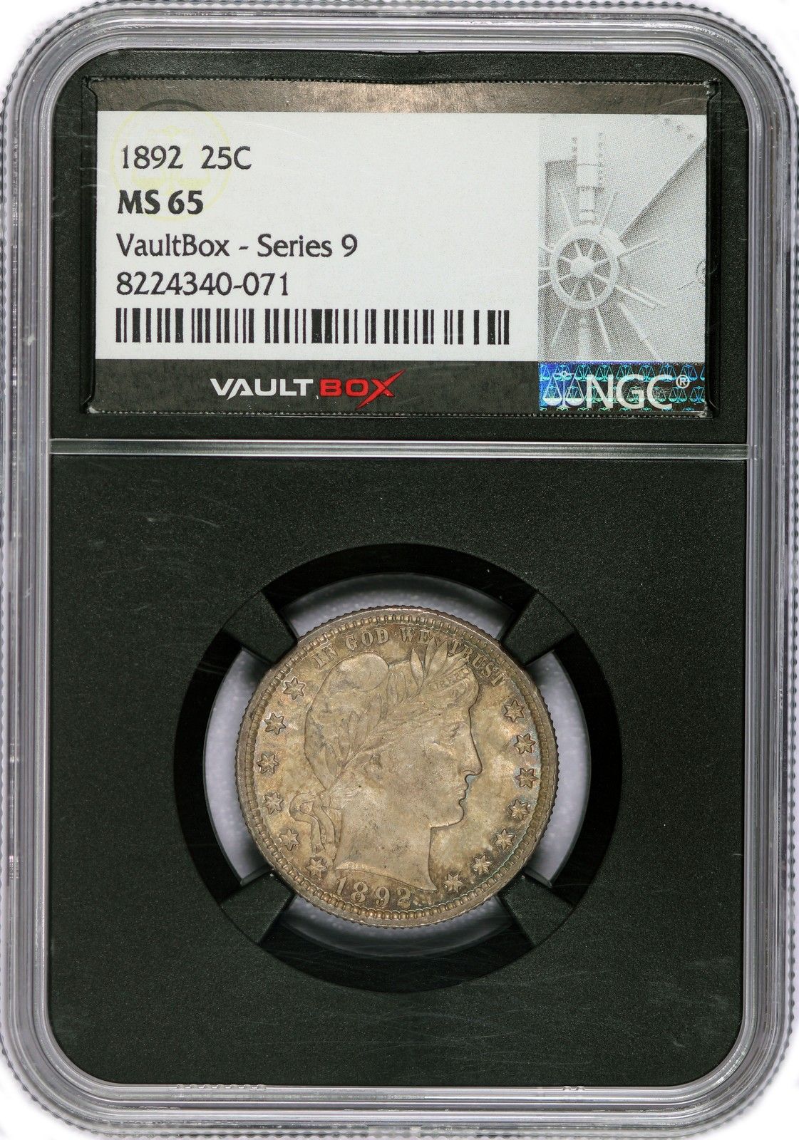 1892 25C Barber Quarter Silver VaultBox Series 9 NGC MS65 Black Core H er