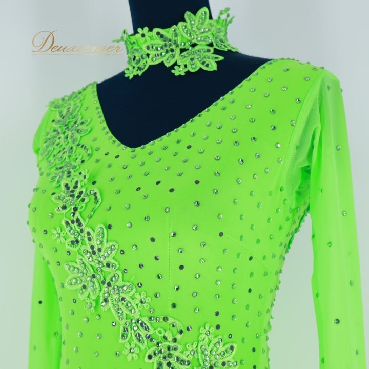 社交ダンス 衣装 ラテン ドレス ワンピース 黄緑 蛍光 デモ 競技  