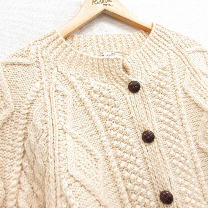 古着 長袖 アラン フィッシャーマン ケーブル ニット カーディガン レディース 手編み ロング丈 ウール 生成り spe 25oct22 トップス