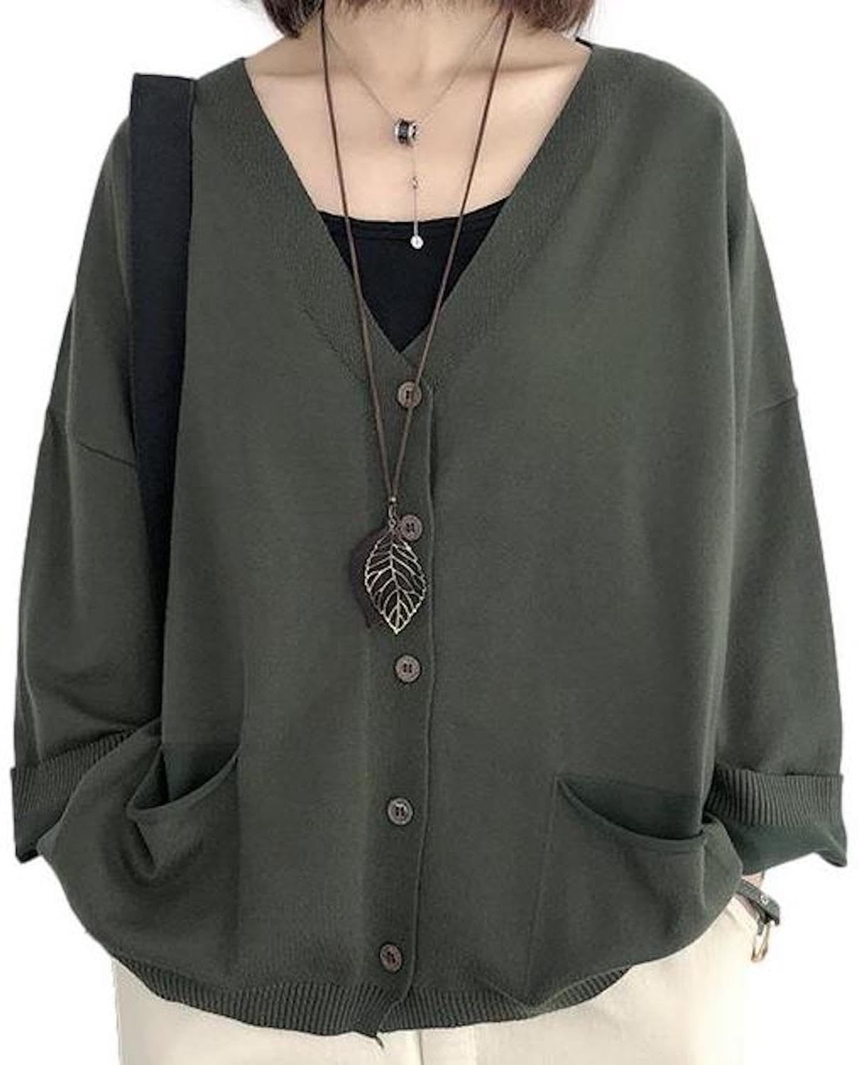 Size L_Color グリーン アパンプ ニット カーディガン アウター ゆったり 前ボタン 長袖 Vネック 秋 冬 無地 シンプル レディース 前開き パジャマ マタニティ 入院 ランタンスリーブ トップス 大きいサイズ vネック ドロップショルダー