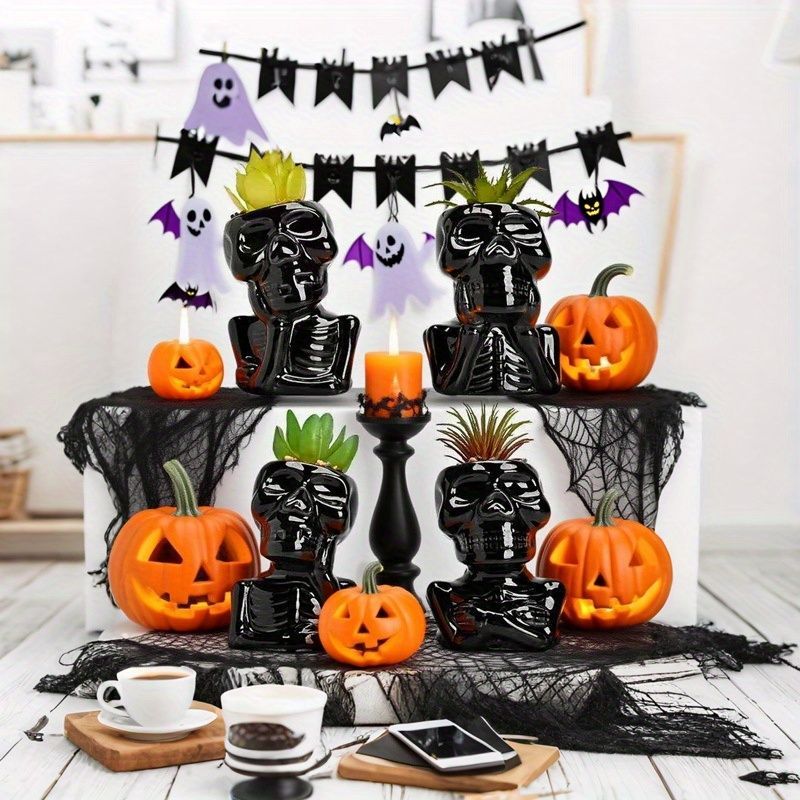 鉢植え 植木鉢 プランター プラントポット フラワーポット ガーデニング セラミック 屋内 室内 インテリア 玄関 4人のガイコツ スカル ホワイト ブラック 2種類 4個セット ミニサイズ 多肉植物 サボテン ユニーク ハロウィン装飾 イベント ハロウィーン