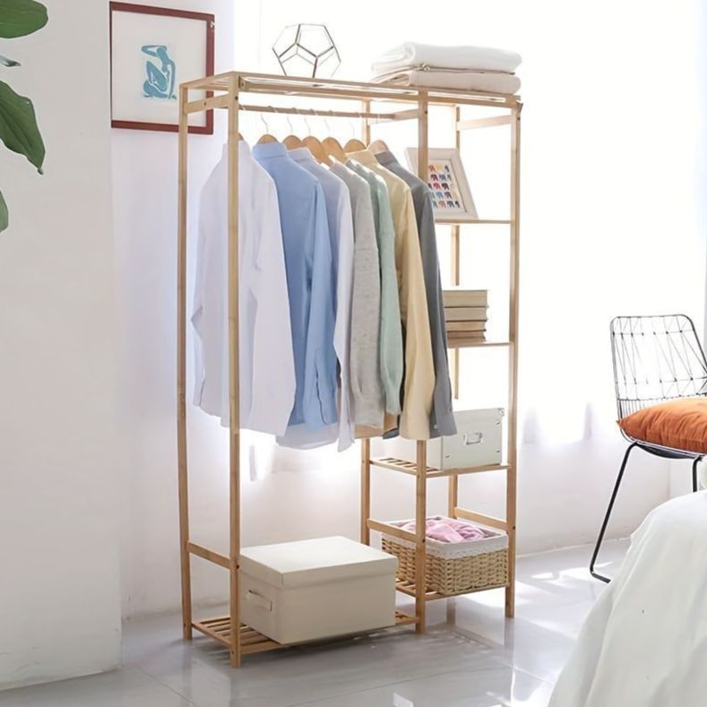 ポールハンガー ハンガーラック 北欧 おしゃれ クローゼット 竹製 ワードローブ カーテン付き 棚付き コートハンガー 収納 大容量 多目的 洋服ラック 洋服ハンガー 幅90cm×高さ146cm 竹製 おしゃれ リビング 寝室 ダイニング 子供部屋 木の色
