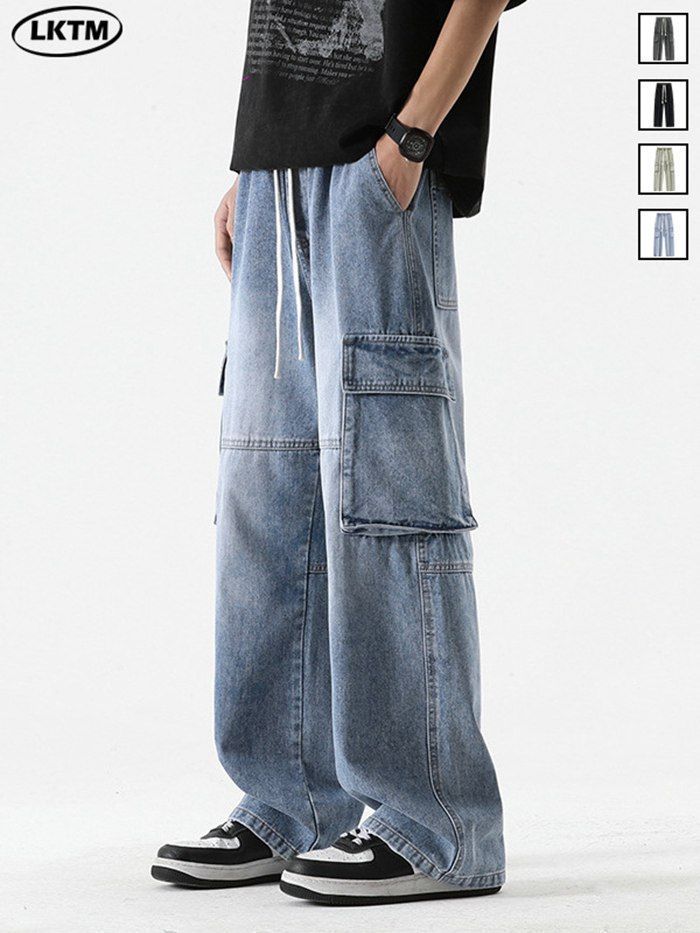 デニム カーゴパンツ メンズ 大きいサイズ ゆったり ワイド ウエストゴム デニムパンツ ジーンズ ミリタリー ジーパン イージーパンツ ワイドパンツ