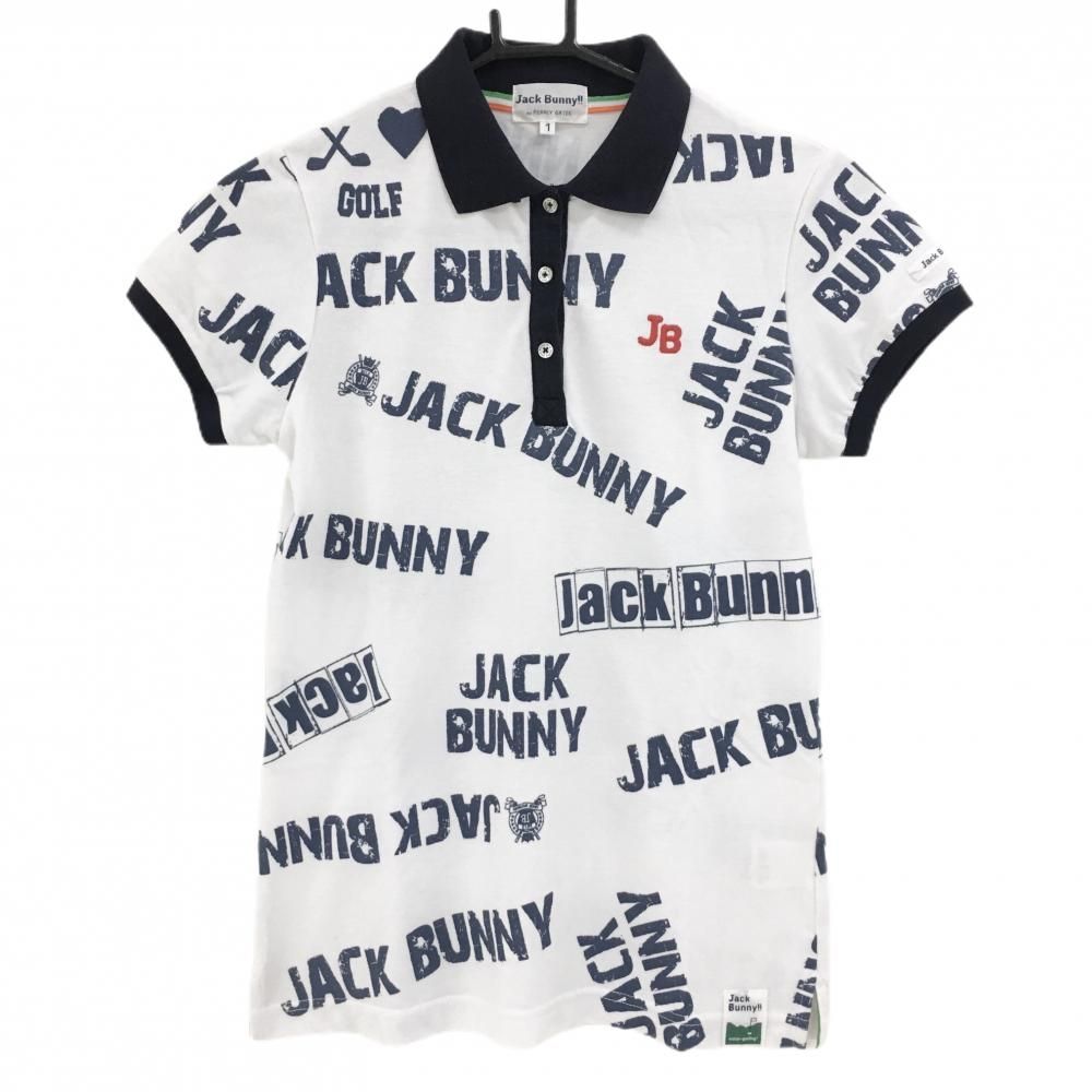 美品】ジャックバニー 半袖ポロシャツ 白×ネイビー ロゴ総柄