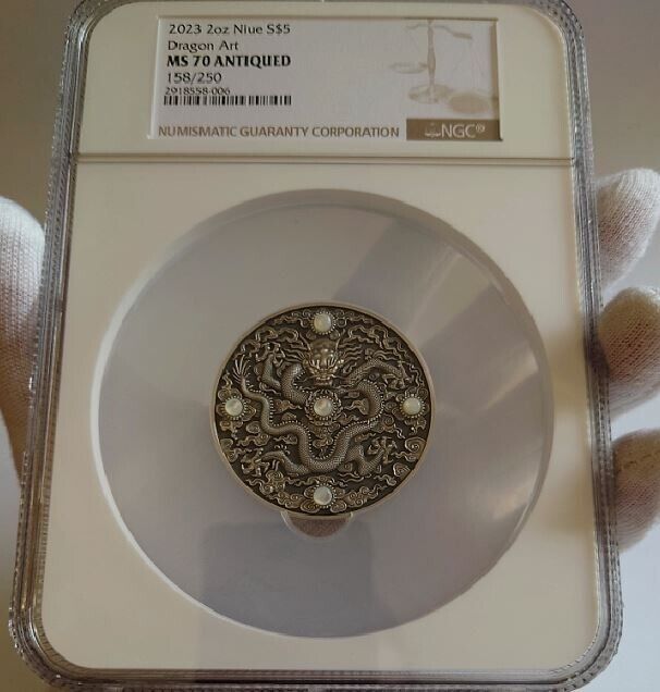 2025 Niue $5 CHINESE DRAGON ART 2 oz Antique HR Silver Coin NGC MS70