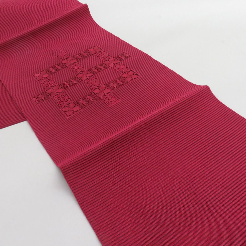 夏物 変わり織り八寸名古屋帯（レースのような花文）長381 正絹美品 名古屋帯 絽綴れ 夏用 レース織り文様 正絹 紫色 八寸帯 開き