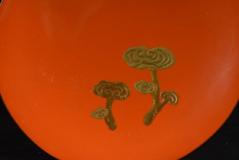 蔵A4398a】木製朱塗 網目 見返蒔絵霊芝文 吸物椀 汁椀 十一客