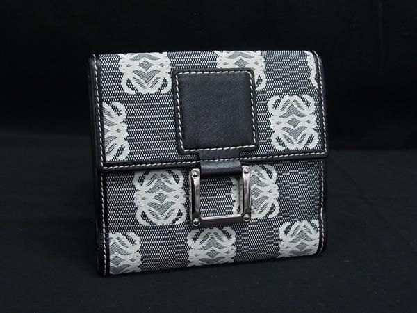 LOEWE ロエベ リピートアナグラム ジャガード×レザー 二つ折り 財布 ウォレット ブラック系×ホワイト系 FK8467