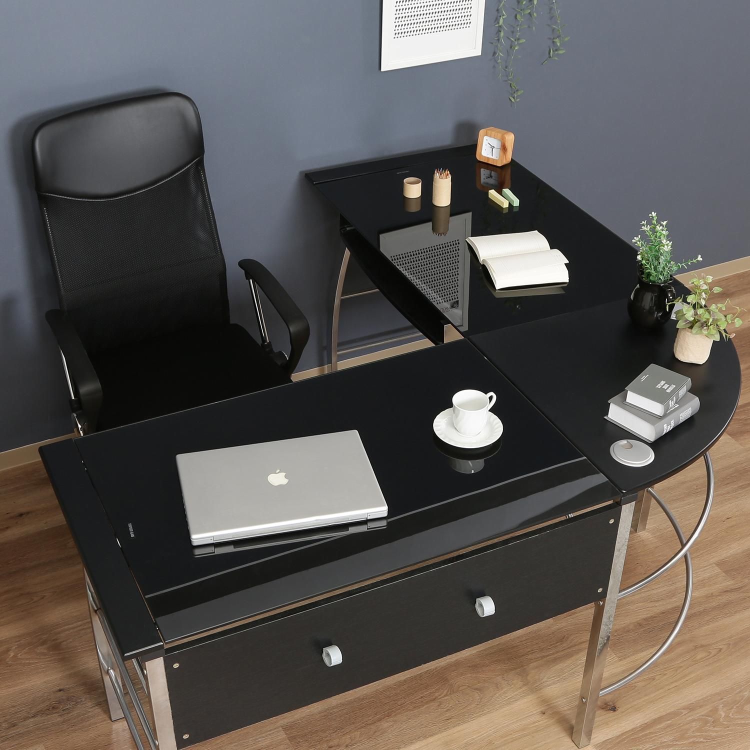 ♪ガラス天板 Ｌ字型 パソコン ワークデスク ブラック 事務机 パソコンデスク リモートワーク テレワーク ゲーム デュアルディスプレー