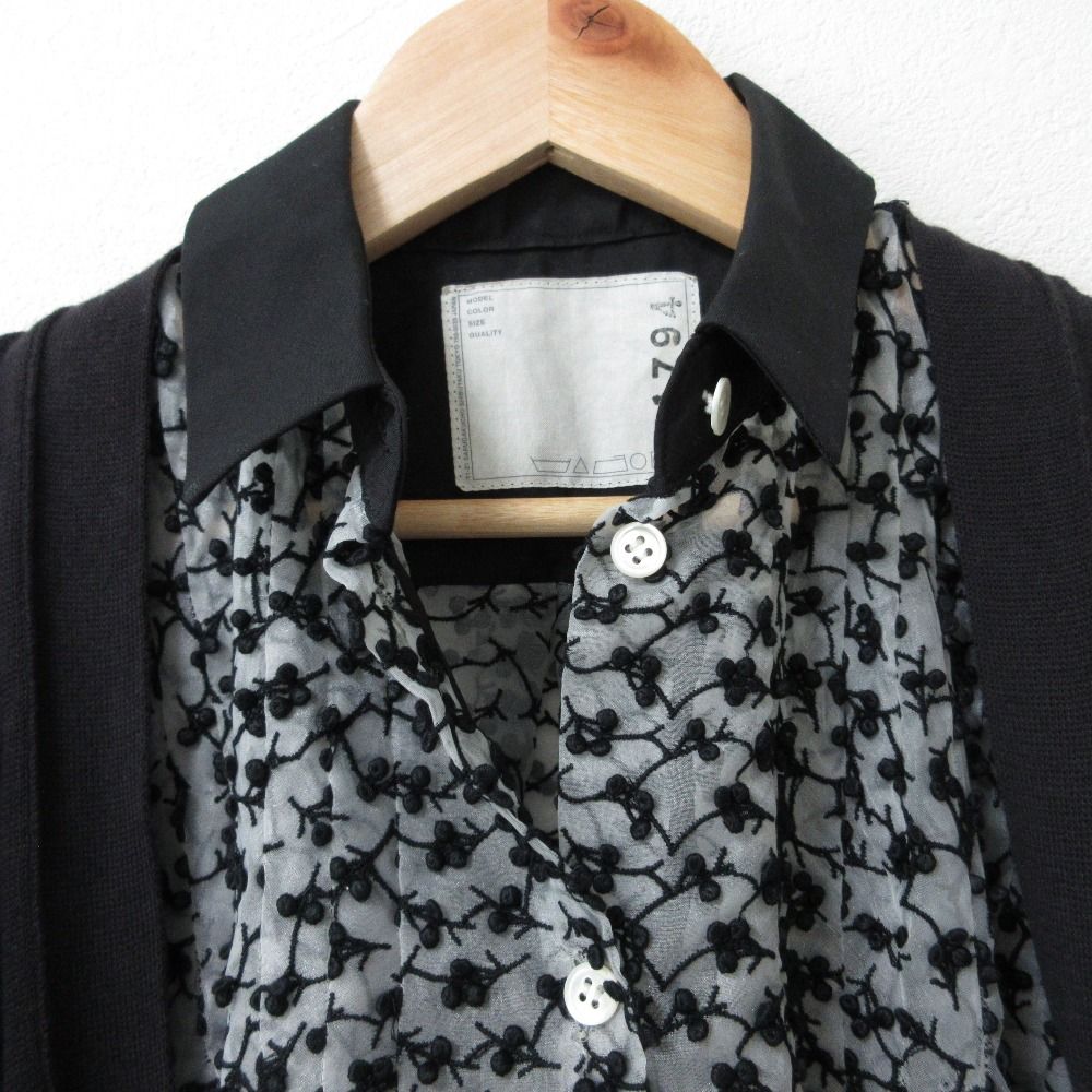 sacai - 良品 sacai サカイ 刺繍 カーディガンドッキング シアーブラウス チュニックシャツ ブラック系 レディース 古着 中古 USED 良品 sacai サカイ 刺繍 カーディガンドッキング シアーブラウス