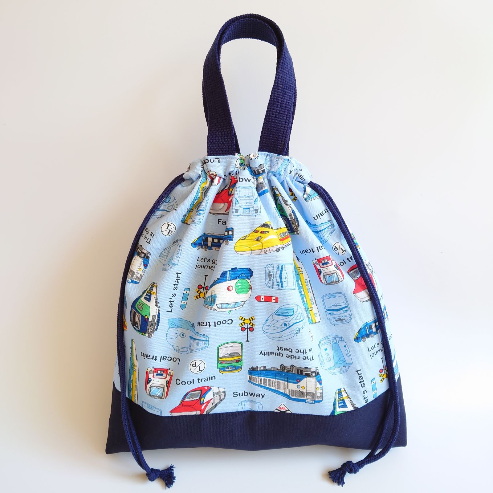 ハンドメイド レッスンバッグ 上履き入れ 巾着 電車 青 のりもの