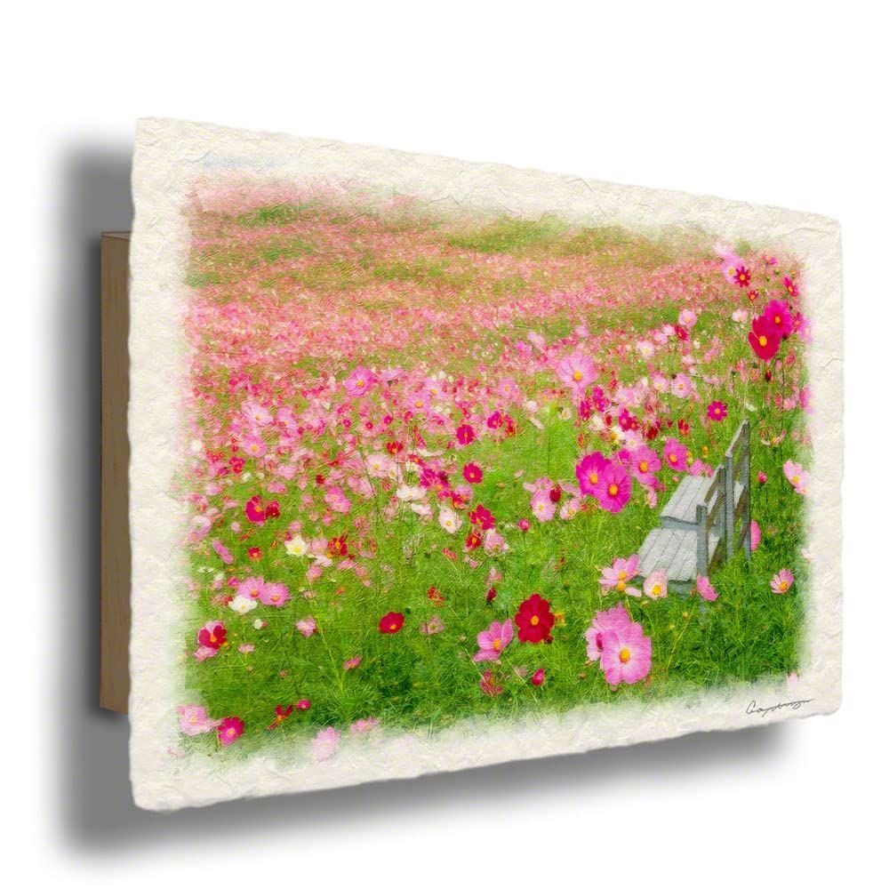 【新着商品】北欧 風景画 風景 壁掛け 花 絵 風水 玄関 秋 おしゃれ おしゃれ ピンク インテリア 絵画 友達 花の絵 プレゼント 36x24cm Natural パネル付き 「一面のコスモス畑の白い椅子」 和紙