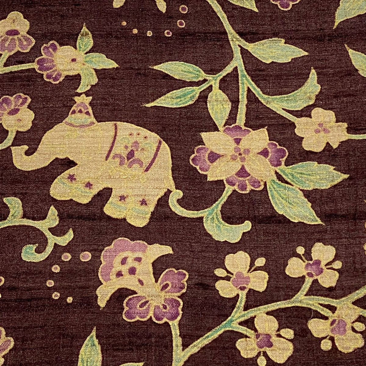 半幅帯 紬地 象 草花 金彩 小豆色 正絹