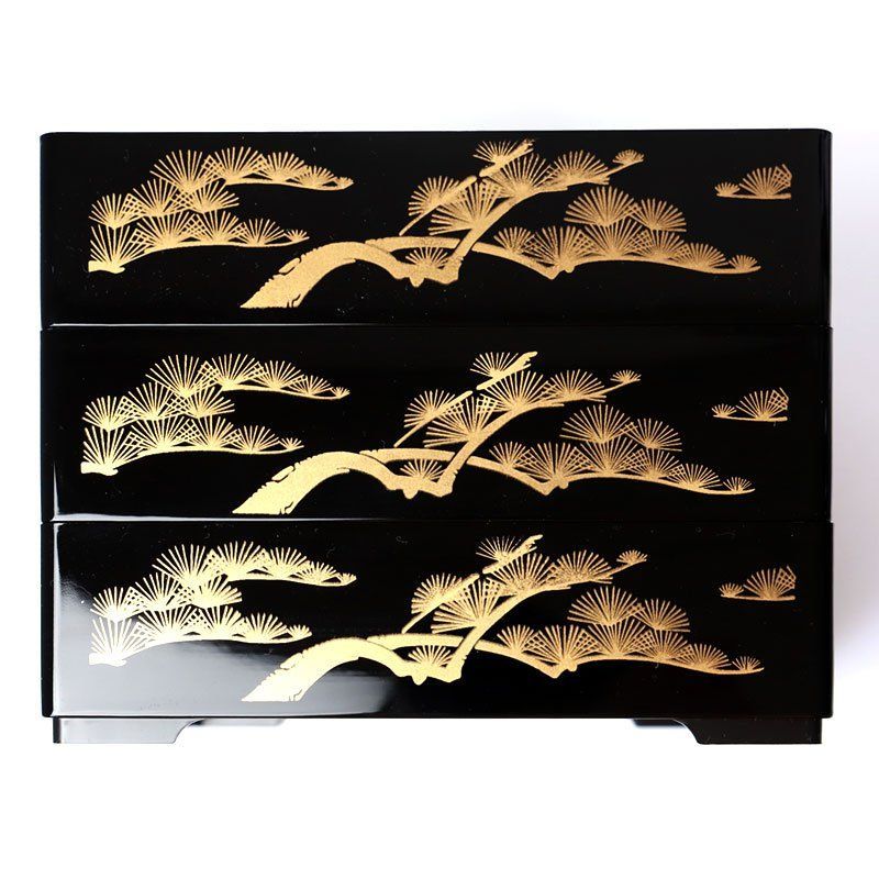 重箱 3段 6寸 (18.2cm) 二羽鶴 三段重箱 お重箱 鶴 松 縁起 黒 ブラック 日本製 おせち お節 お正月 運動会 お花見 行楽 オードブル スクエア モダン おしゃれ パーティー 送料無料