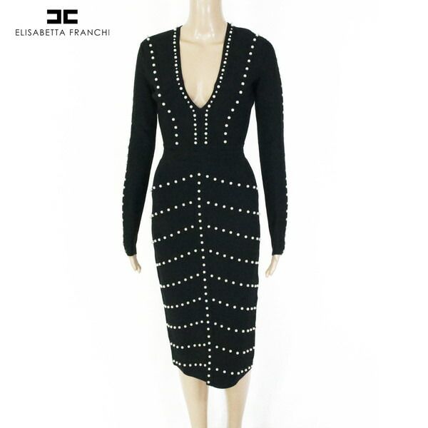 80 OFF エリザベッタフランキ ELISABETTA FRANCHI ワンピース 40 EOP1686 S Mサイズ ブラック レディース 長袖ワンピース パール 膝下ミディ丈