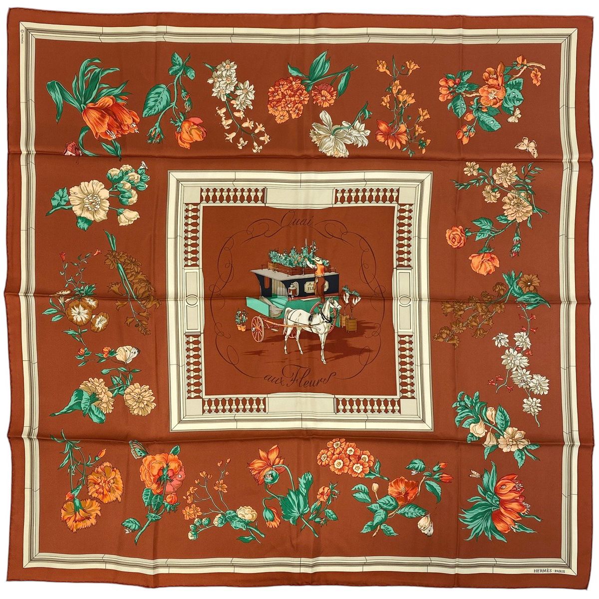 エルメス　HERMES　スカーフ　カレ90　花咲く河岸通り HERMES エルメス スカーフ カレ90 シルク 花咲く河岸通り Quai