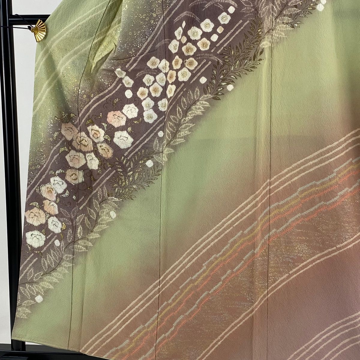 訪問着 身丈157cm 裄丈65.5cm M 袷 滝泰 落款 花唐草 斜縞 金銀