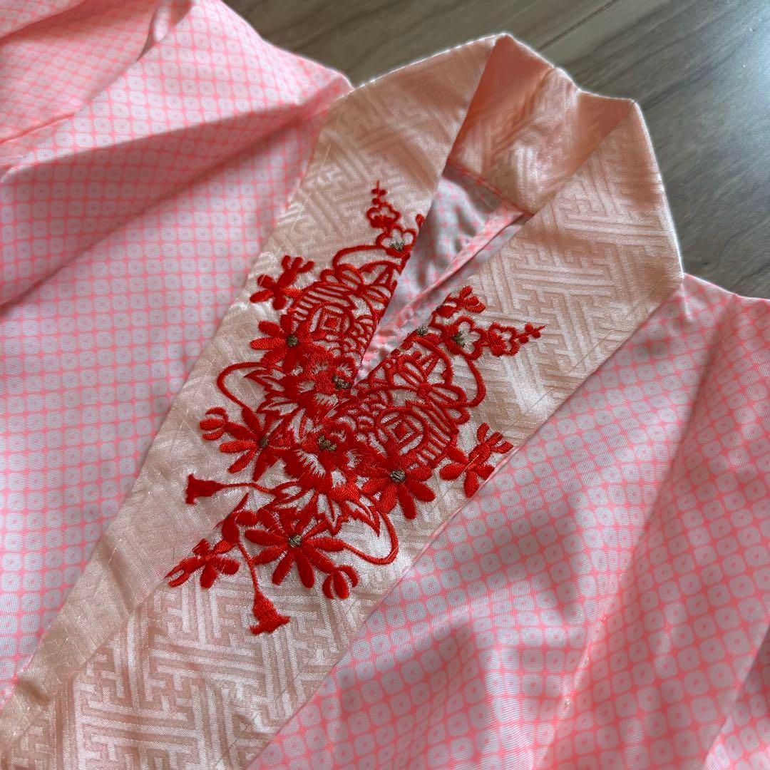 美品　七五三　7歳　フルセット　女の子　子供　絹　着物　長襦袢　帯　赤　緑　蝶 美品 七五三 7歳 フルセット 女の子 子供 絹 着物 長襦袢 帯 赤 緑 蝶