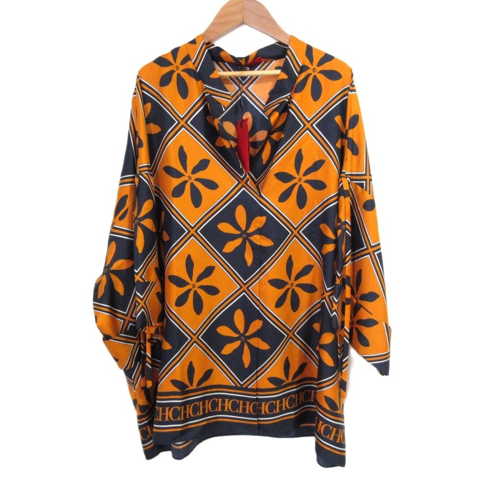 ♥ CAROLINA HERRERA キャロライナヘレラ 総柄 シルク オーバーサイズ シャツ ブラウス XL オレンジ ネイビー レディース 古着