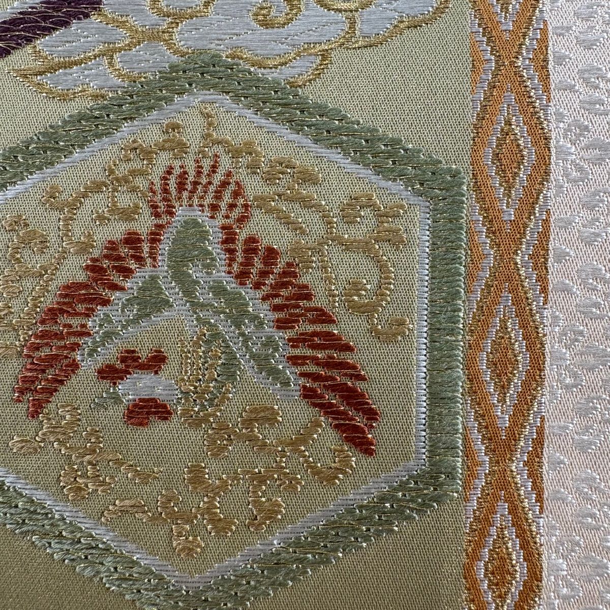 袋帯 鳥 筋斗雲 金糸 刺繍 ベージュ 六通 正絹