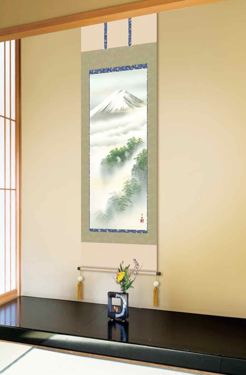 山水画 掛軸 青と金の装飾 10年保証 掛け軸 山水画 富士山水 富士憧憬 有馬 荘園 尺五 桐箱付き