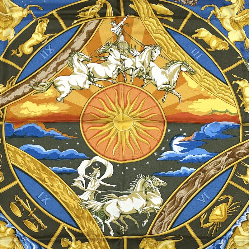 HERMES オレンジ 星座柄 シルクハンカチ 美品 HERMES エルメス カレ90 ASTRES et SOLEILS 天体と太陽