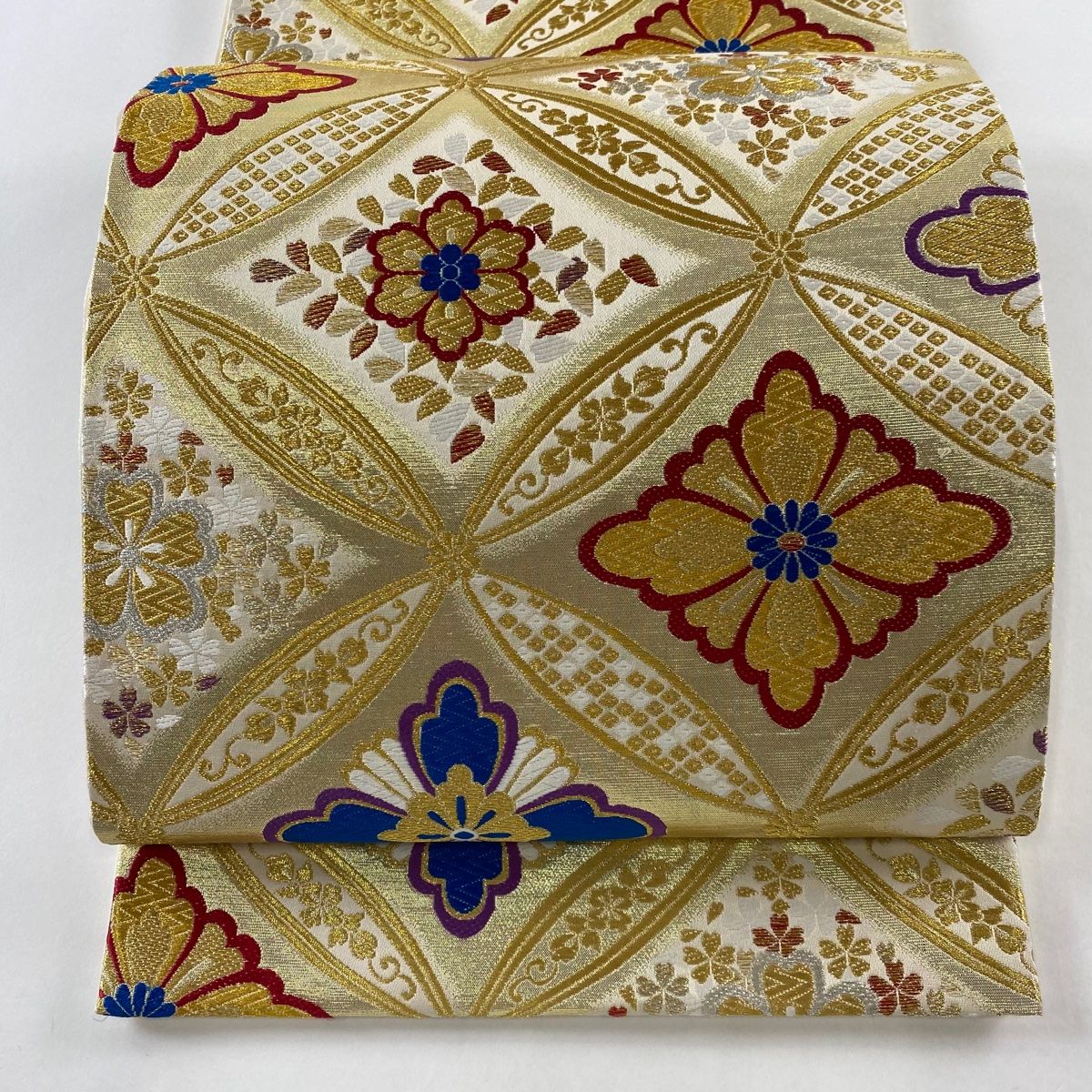 407ag60◎七五三 7歳 全通袋帯 ハーフ成人式 雪輪 金銀糸 唐織◎美品 袋帯 美品 秀品 振袖向き 七宝 花菱 唐織 金銀糸 金色 六通 正絹