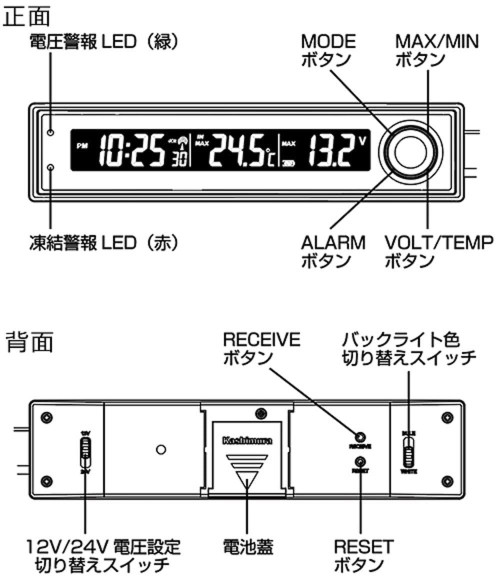 白/青切り替え 文字発光 電圧計 3mロングケーブル クロック・サーモ・ボルトメーター温度計 金属ステー・両面テープ付属 カシムラ NAK-214  メルカリShops
