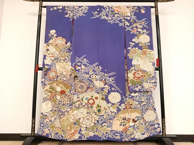 平和屋着物○アンティーク 大正ロマン 振袖 駒刺繍 地紙草花文