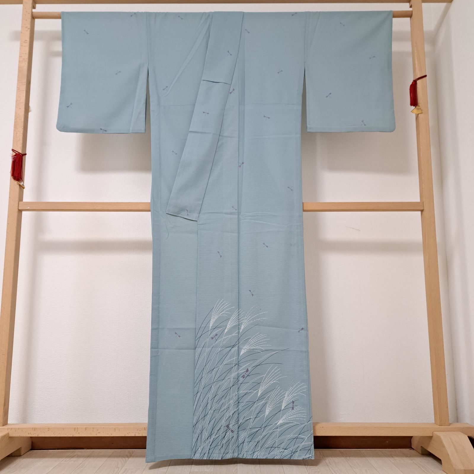 洗える夏着物・付下げ 化繊 絽 ブルーグレー地にススキととんぼ