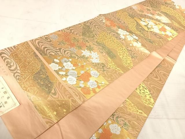 西陣織 服部織物謹製 六通柄袋帯 正倉院文様 こはく錦 金銀糸にピンク模様超逸品 平和屋着物◎西陣 服部織物謹製 六通柄袋帯 こはく錦 地紙花文