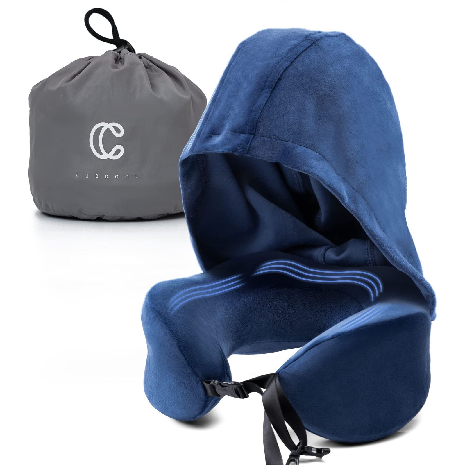 Cuddool カドゥール フード付きネックピロー - 低反発素材 ネックピロー 頭 あごサポート 飛行機 車 オフィス 自宅 睡眠 休息 旅行用枕 フード付き ネイビーブルー L