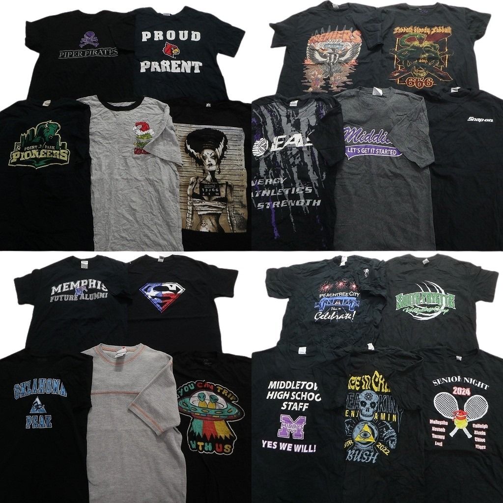 古着卸 まとめ売り 黒・グレー ボディ プリント 半袖Tシャツ 20枚セット (メンズ M ) 宇宙人 キャラクター グリンチ 中古 古着 MY8397