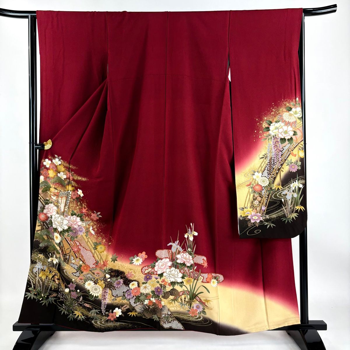 振袖 身丈160cm 裄丈66cm M 袷 御所車 草花 金糸 金彩 朱色 正絹 美品 名品 中古