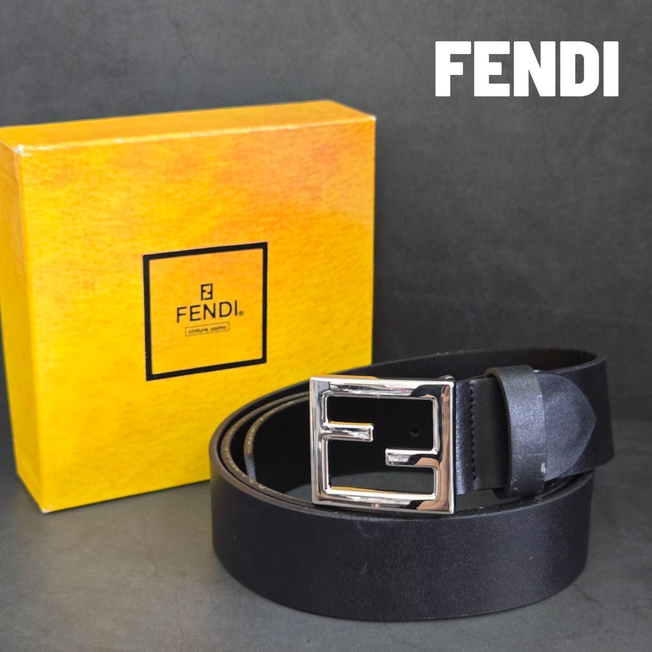 【美品】FENDI フェンディ FF金具バックル ベルト付き　シルバー ブラック 美品】フェンディ ベルト FF ズッカ柄 シルバー金具 PVCレザー